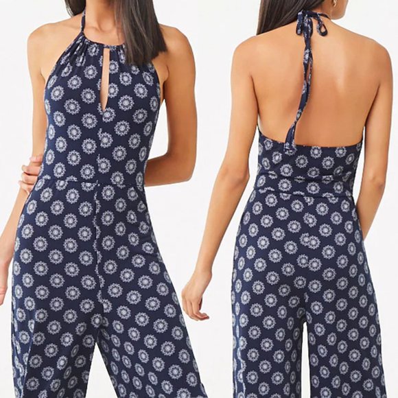 NEW Navy Blue Medallion Halter Palazzo Jumpsuit - Picture 5 of 8